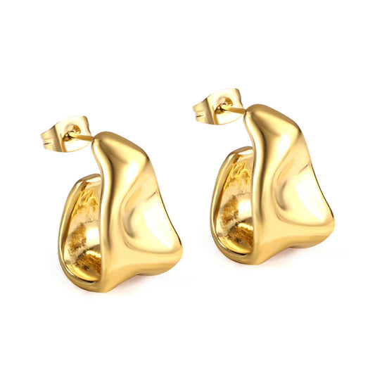 18K Gold Plated Sculptural Hoop Stud Earrings – Hypoallergenic Stainless Steel