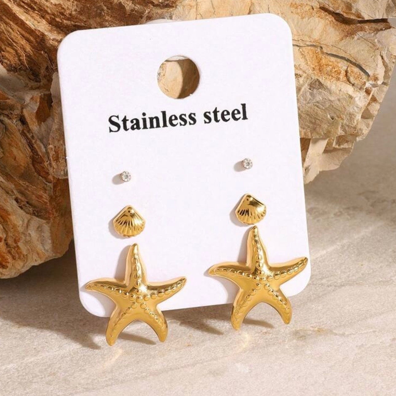 Gold Starfish Stud Earring Set – 3 Pairs
