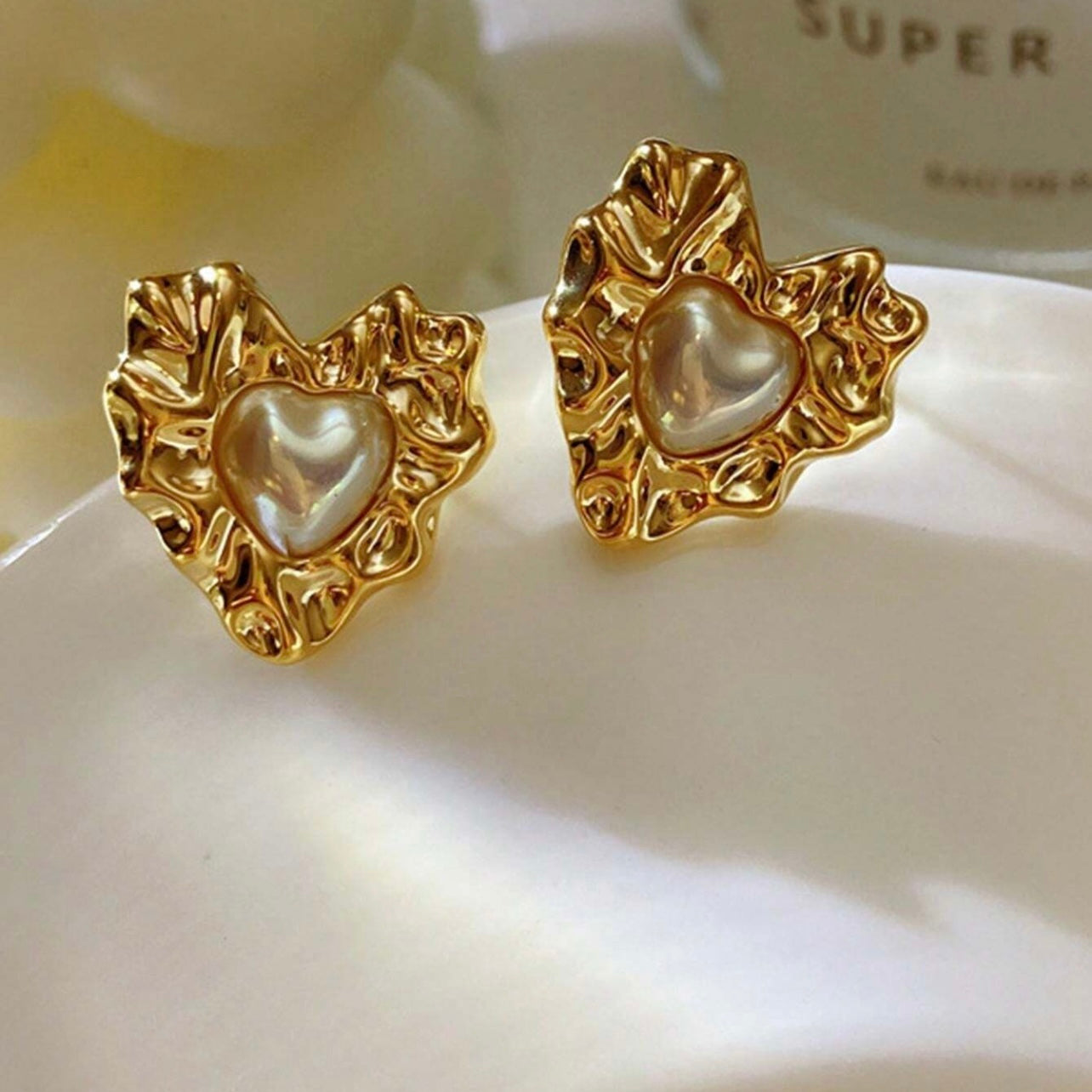 Gold Textured Heart Pearl Stud Earrings | Elegant Romantic Statement Earrings
