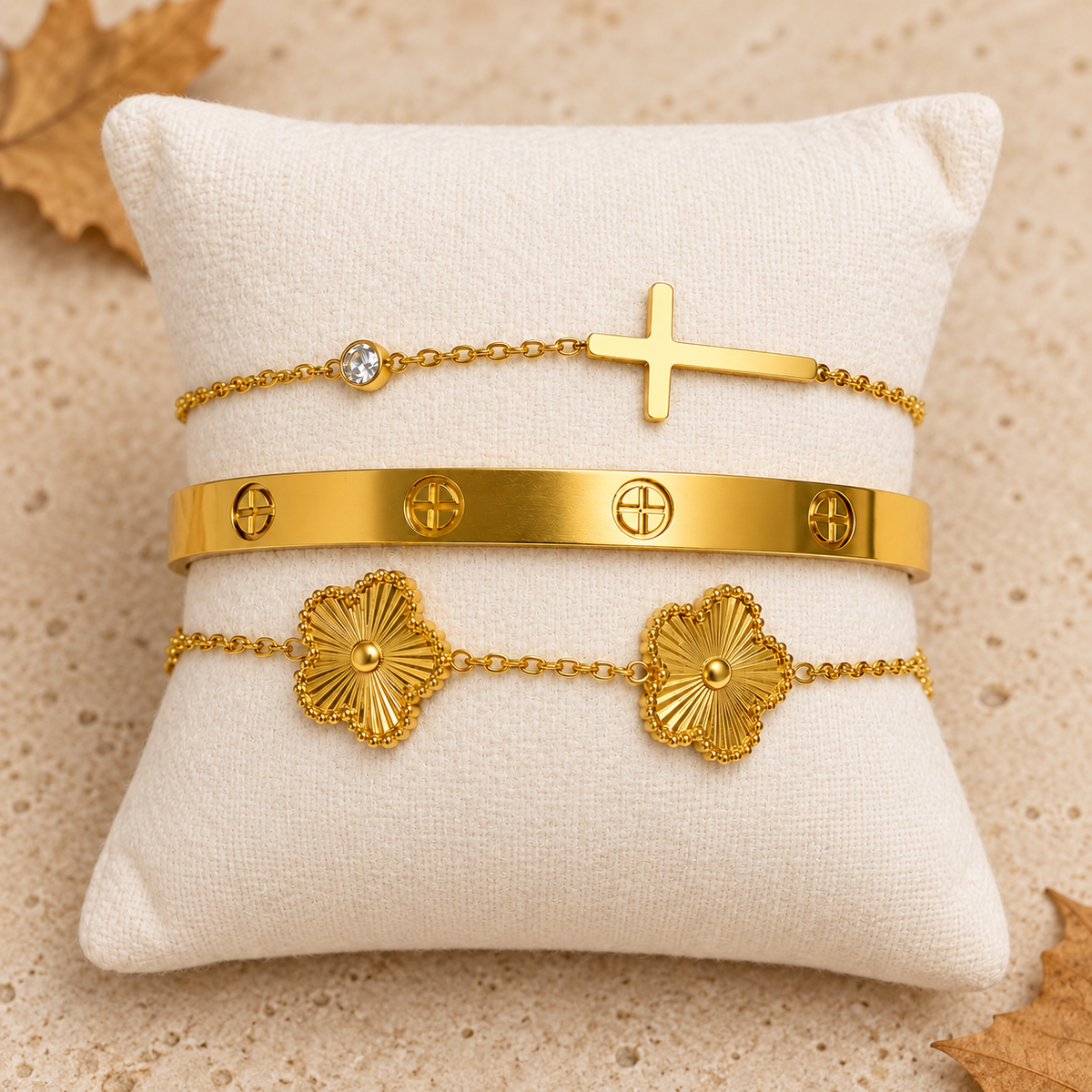 Gold Charm & Cross Bracelet Set   – 3 Pieces