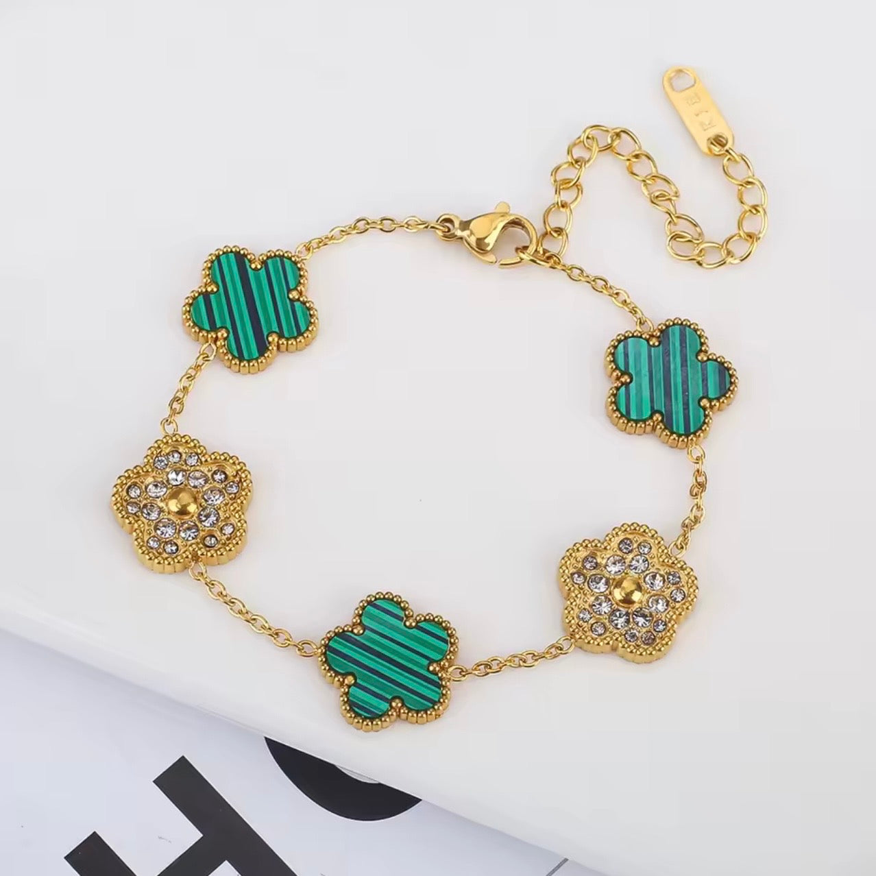 Green Clover & Crystal Gold Bracelet – Elegant Charm Bracelet
