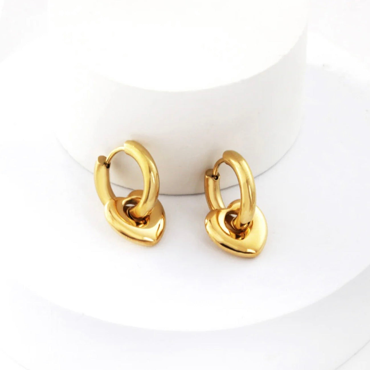 18K Gold Plated Heart Drop Hoop Earrings | Stainless Steel Minimalist Hoops