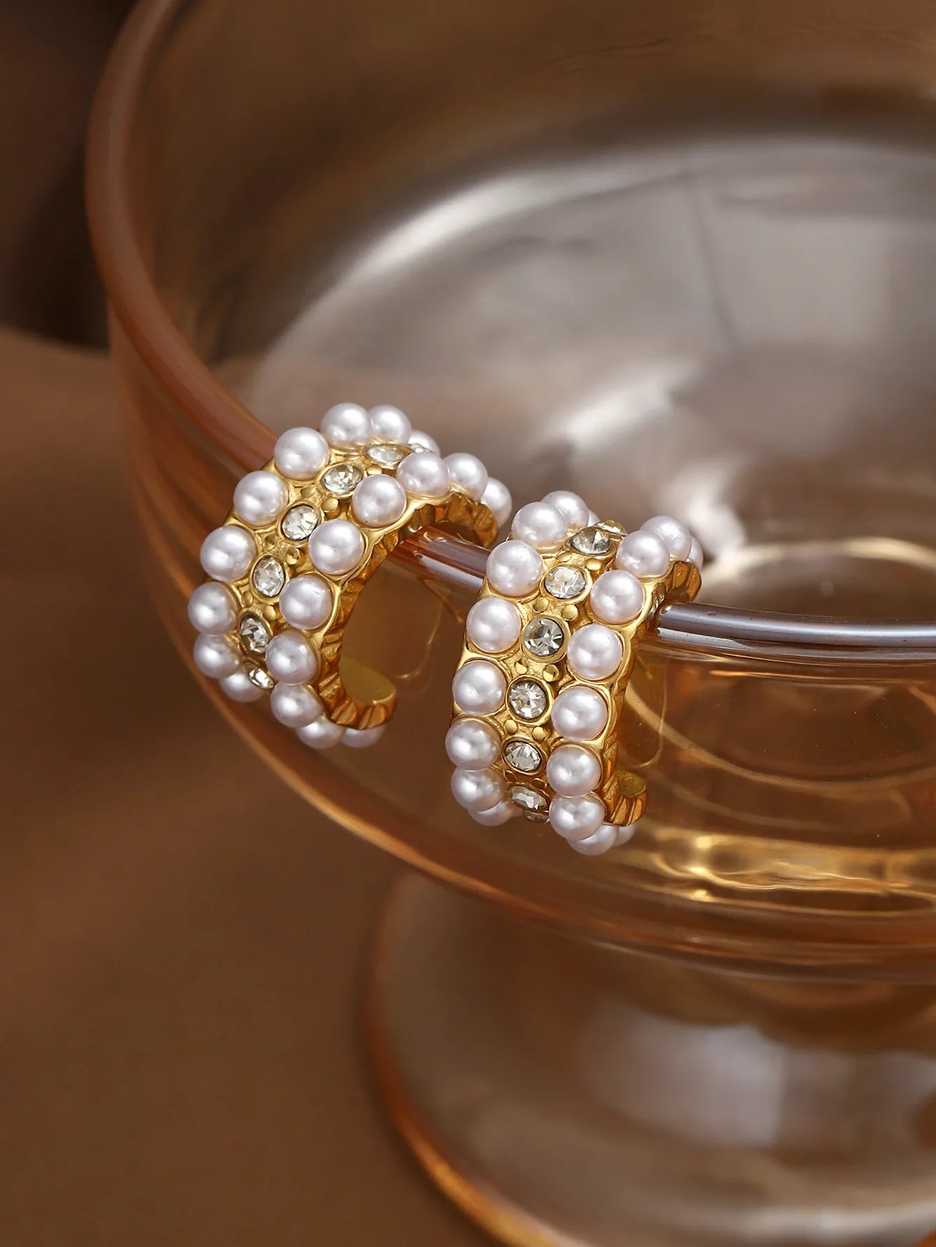 Gold Plated Hoop Earrings with Artificial Pearls| Stainless Steel Studs