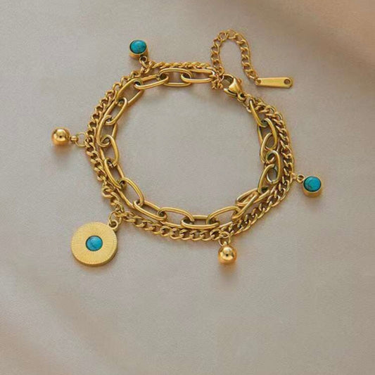 Gold Layered Turquoise Charm Bracelet | Double Chain Boho Sun Pendant Bracelet