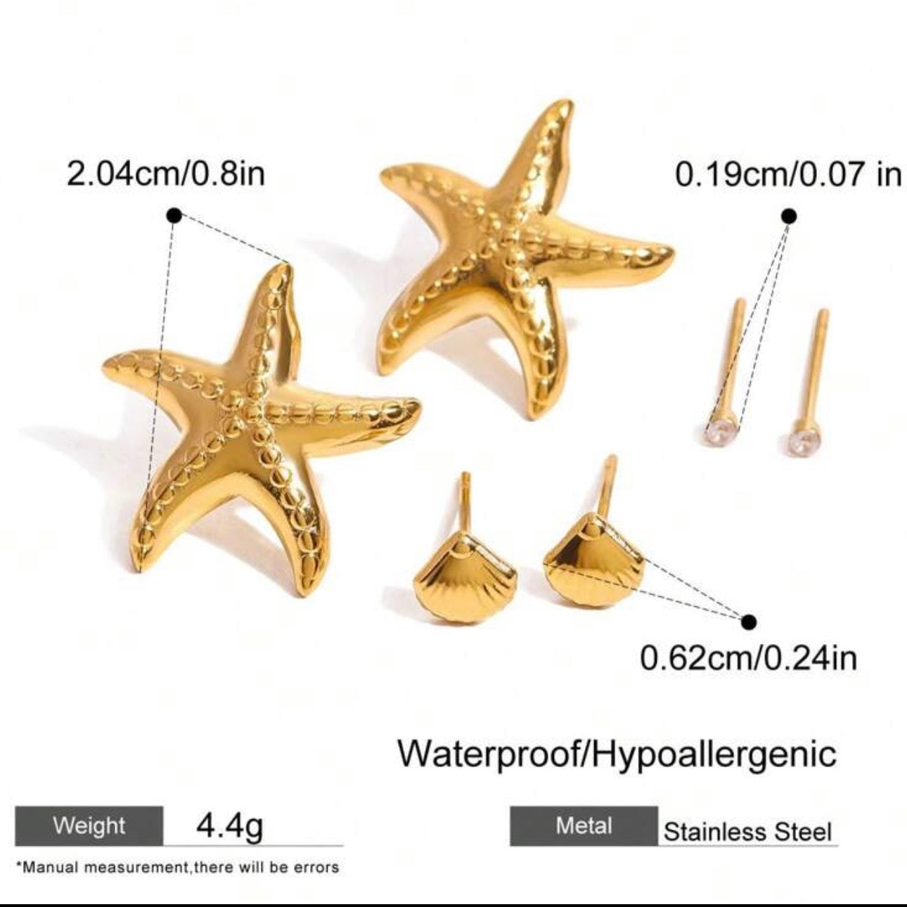 Gold Starfish Stud Earring Set – 3 Pairs