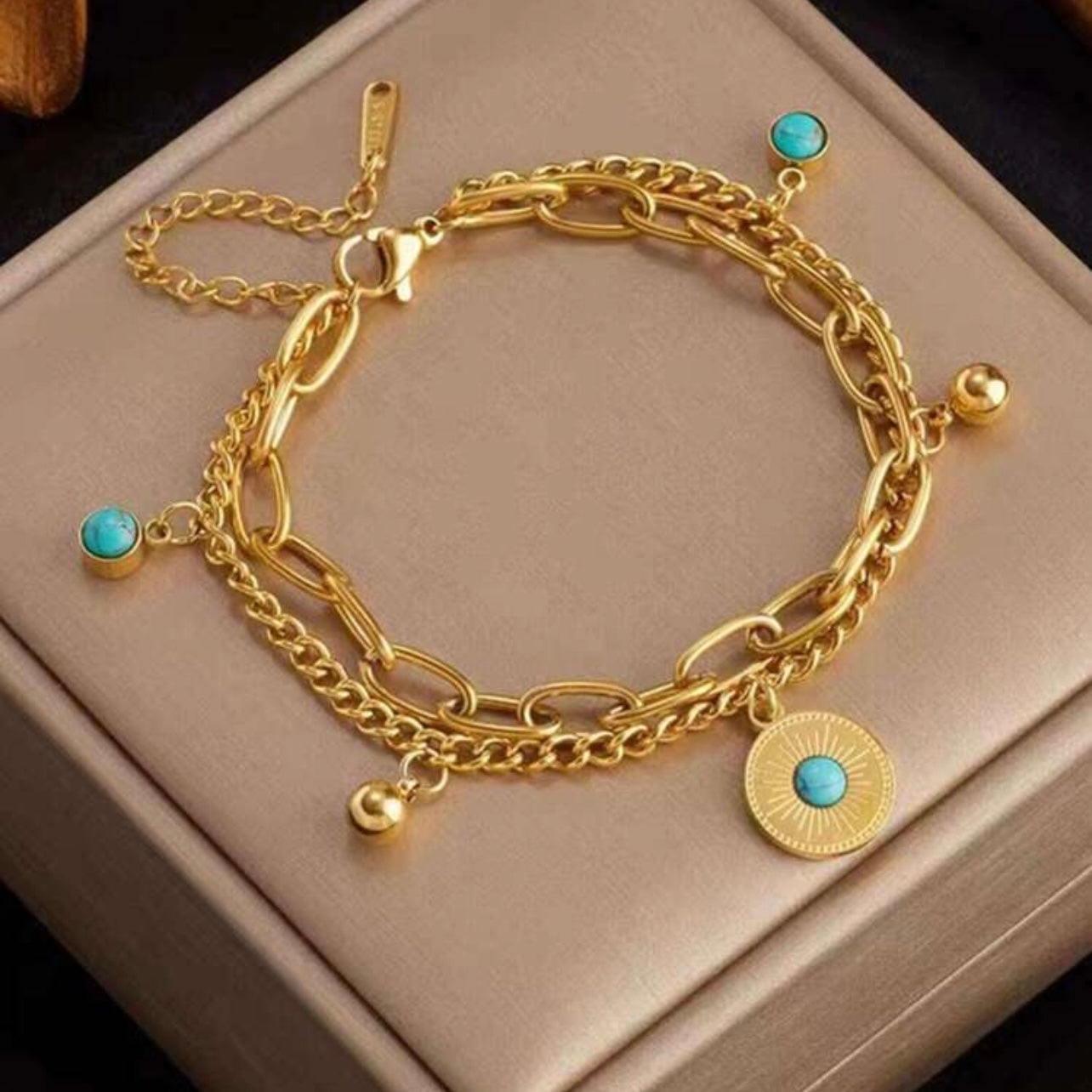 Gold Layered Turquoise Charm Bracelet | Double Chain Boho Sun Pendant Bracelet