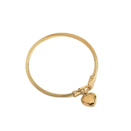 18K Gold Plated Heart Charm Cable Bangle | Waterproof Stainless Steel