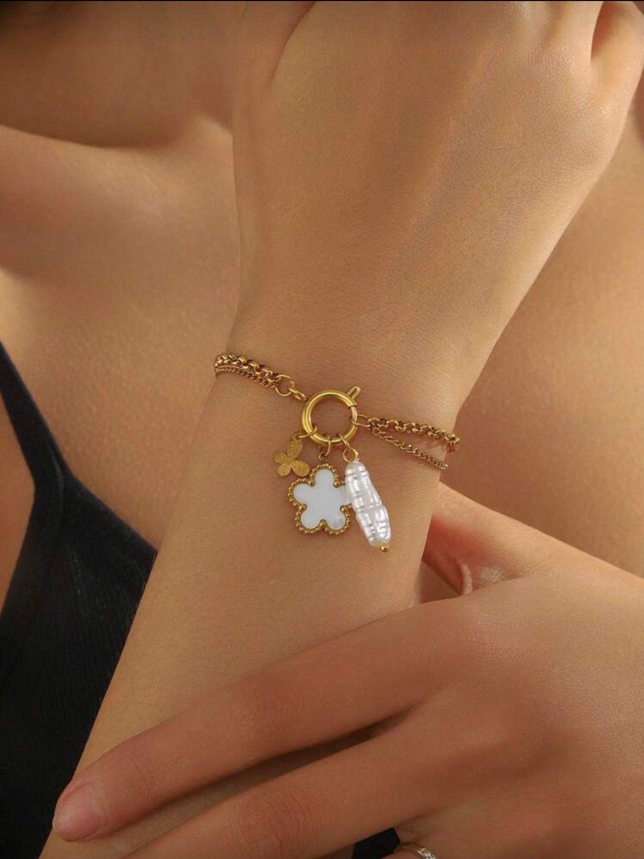 Gold Clover & Pearl Charm Bracelet – 18K Gold Plated Double Chain