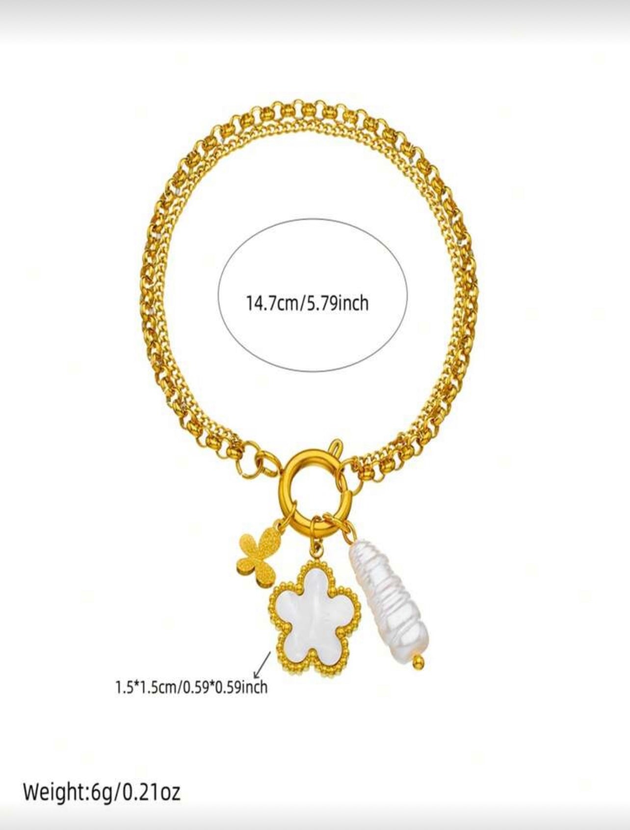 Gold Clover & Pearl Charm Bracelet – 18K Gold Plated Double Chain