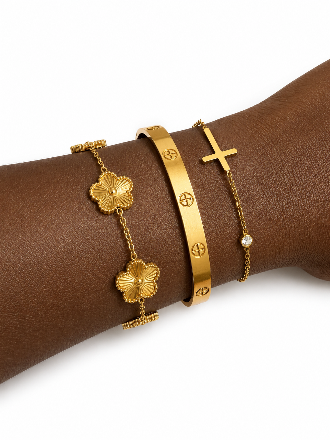 Vergoldetes Kreuz, Armreif & Kleeblatt Armband Set – 3-teilig