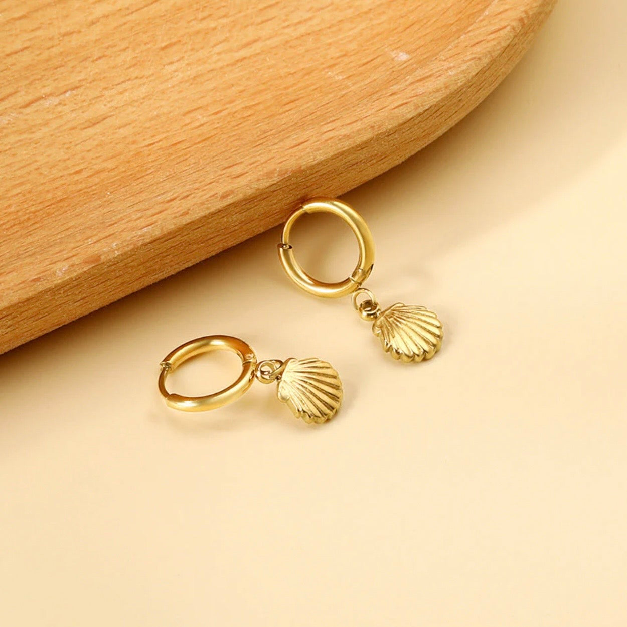 Gold Plated Shell Drop Hoop Earrings – Stainless Steel Dangle Jewelry
