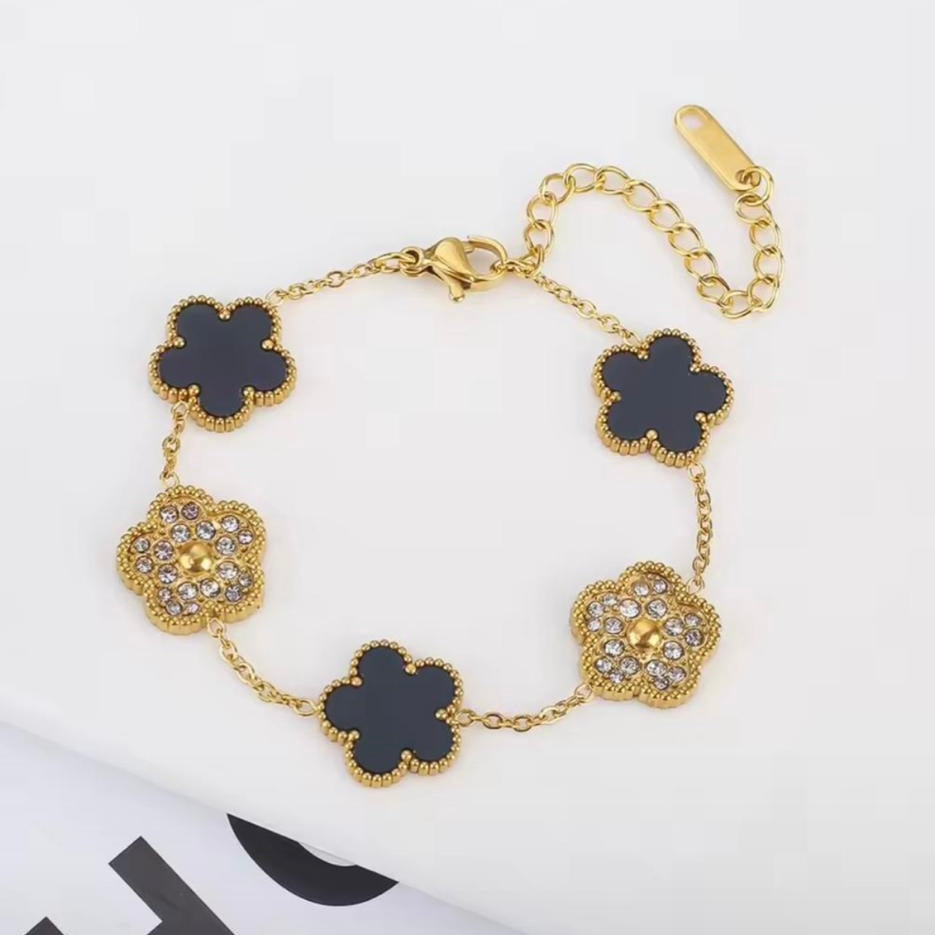 Black Clover & Crystal Gold Bracelet – Luxury Charm Bracelet
