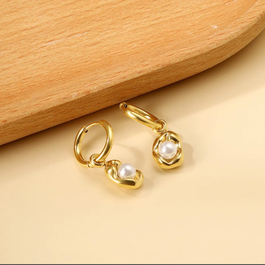 18K Gold Irregular Pearl Drop Hoop Earrings – Stainless Steel, Hypoallergenic