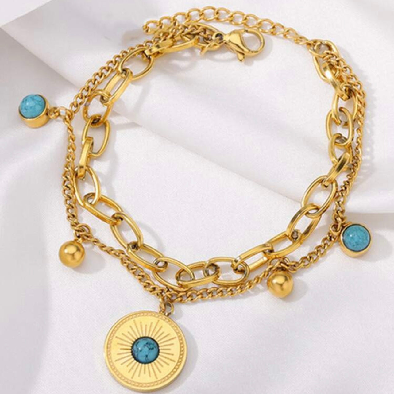 Gold Layered Turquoise Charm Bracelet | Double Chain Boho Sun Pendant Bracelet