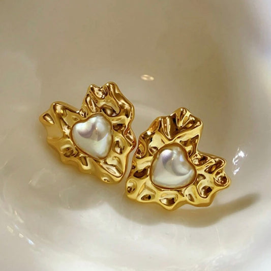 Gold Textured Heart Pearl Stud Earrings | Elegant Romantic Statement Earrings