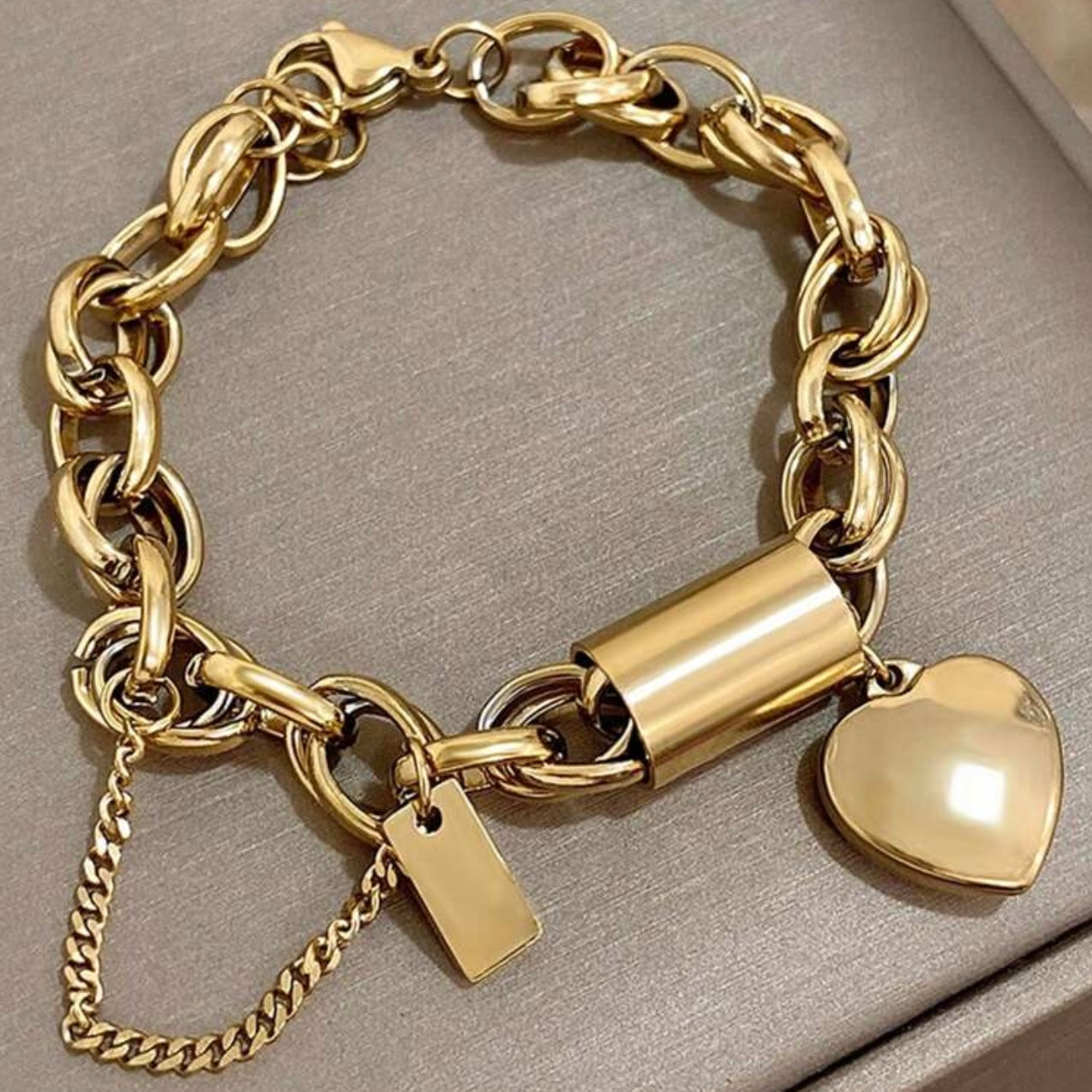 18K Gold Plated Heart Charm Chain Bracelet – Stainless Steel Lock Bracelet for Women