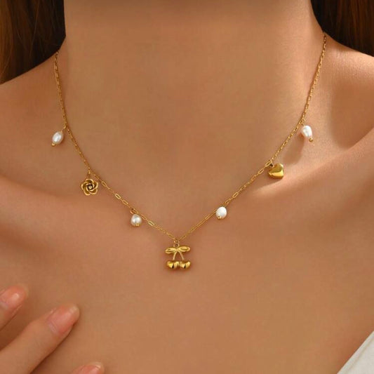 18K Gold Plated Dainty Pearl & Charm Necklace – Cherry, Rose & Heart Design