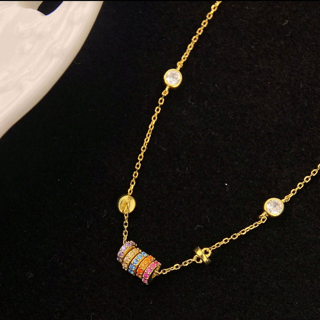 Rainbow Crystal Bead Necklace – 18K Gold Plated Dainty Chain