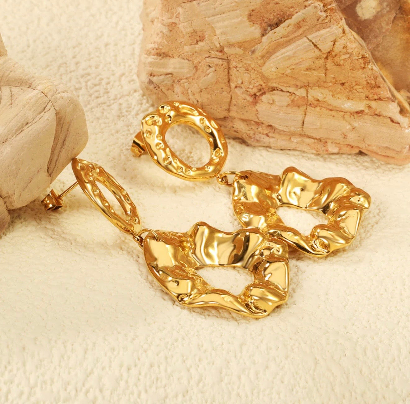 Textured Gold Statement Drop Earrings – 18K Gold Plated, Bold Irregular Metal Design