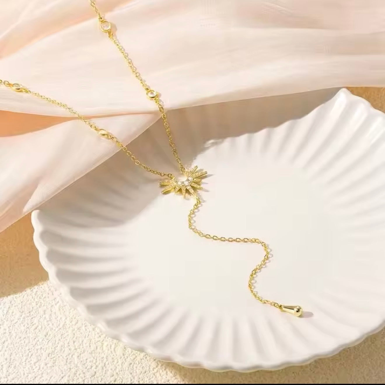 Celestial Sun Drop Necklace – Gold Plated CZ Y-Necklace