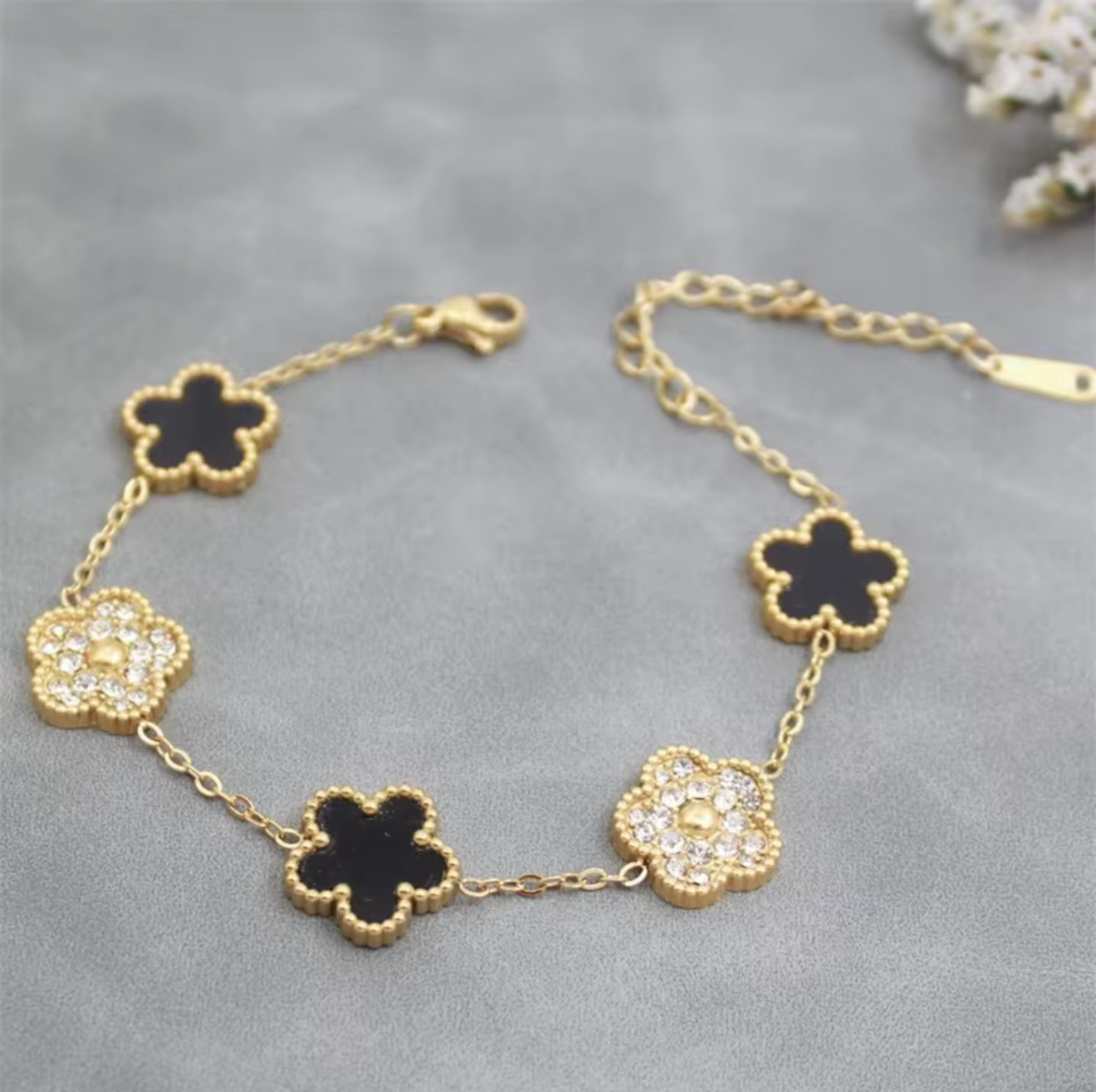 Black Clover & Crystal Gold Bracelet – Luxury Charm Bracelet