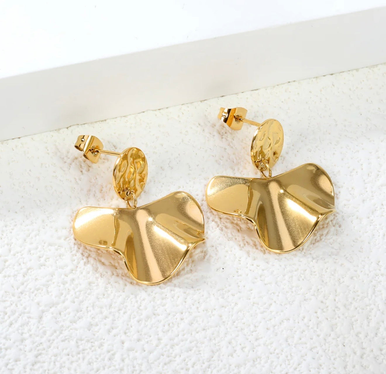 Sculpted Gold Fan Drop Earrings – 18K Gold Plated, Modern Textured Statement Studs