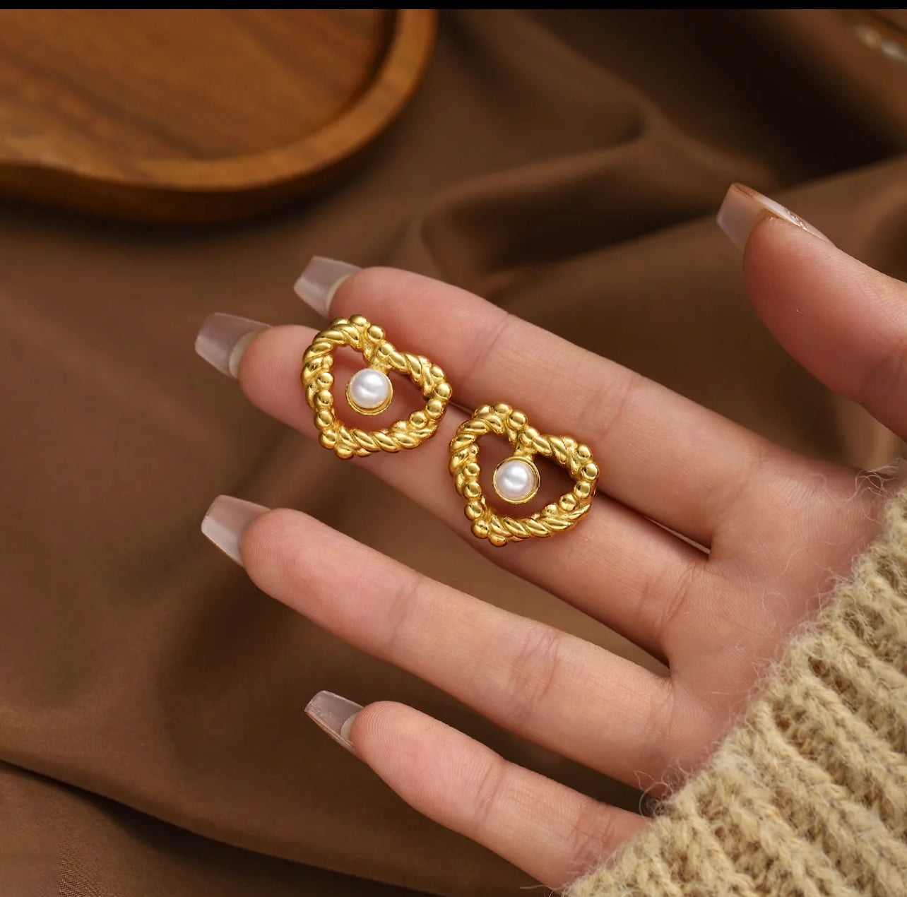 Gold Heart Stud Earrings with Artificial Pearls | Stainless Steel For Women