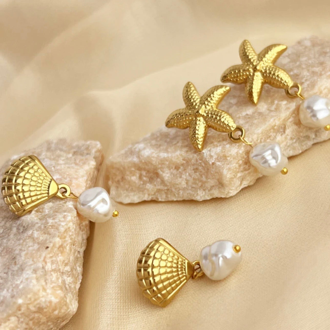 Gold Starfish & Seashell Pearl Drop Earrings – Ocean-Inspired Jewelry