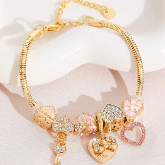 Heart Charm Gold Bracelet – 18K Gold Plated Stainless Steel | Pink & Crystal Love Charm