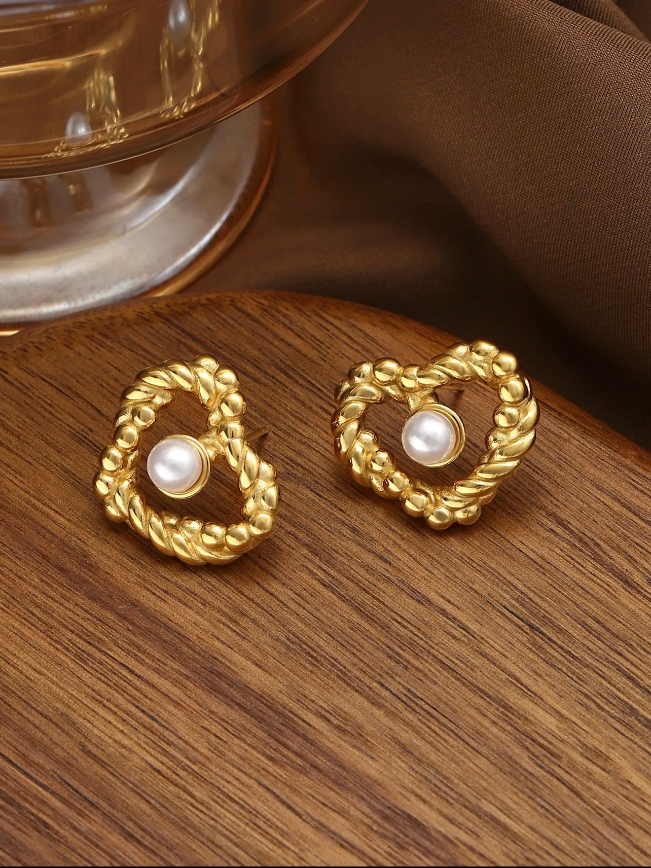 Gold Heart Stud Earrings with Artificial Pearls | Stainless Steel For Women