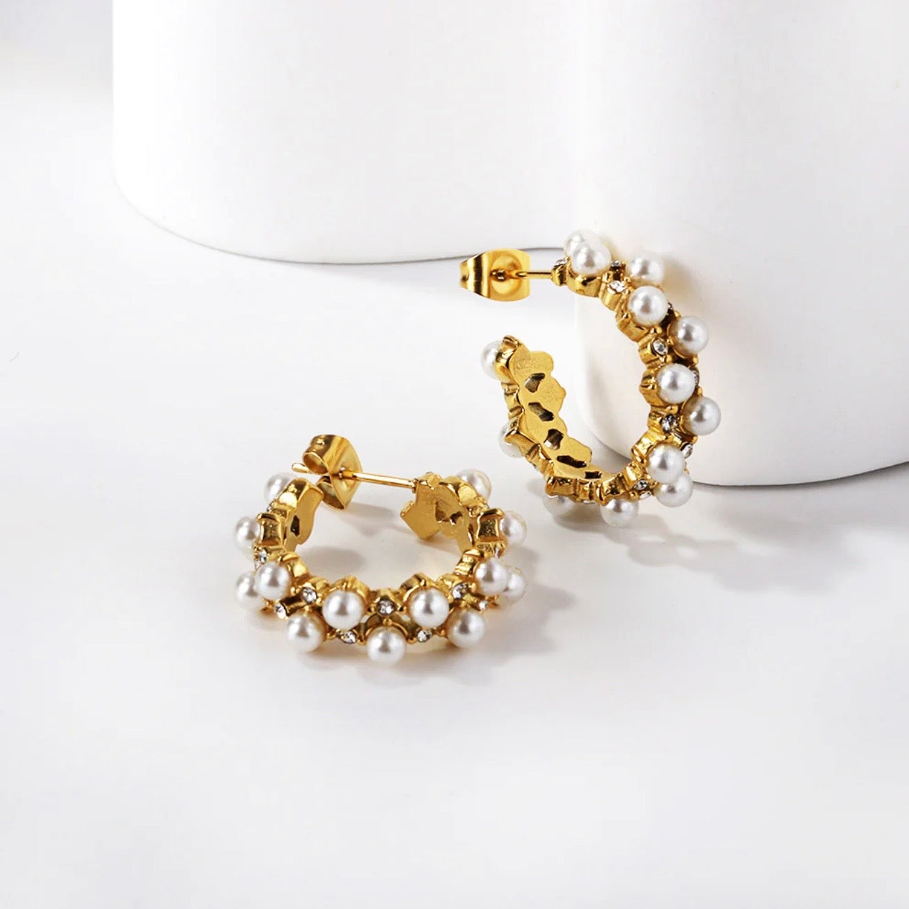 18K Gold Plated Pearl Hoop Earrings – Stainless Steel, Hypoallergenic