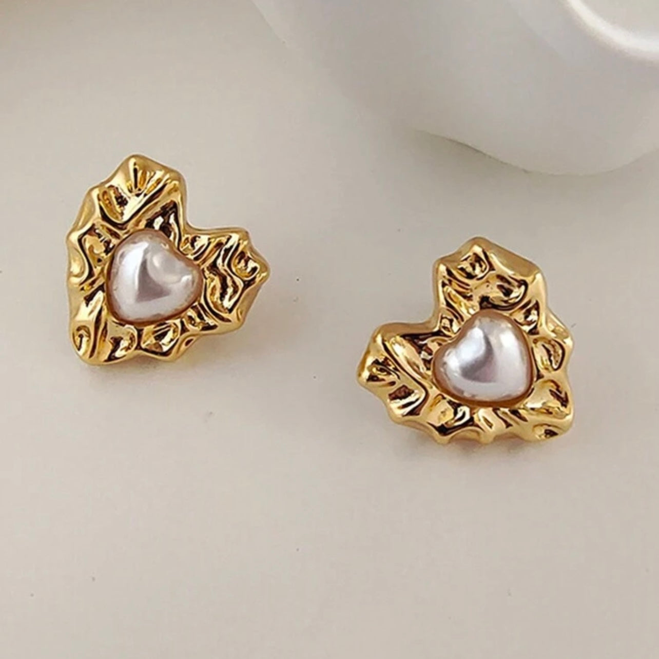 Gold Textured Heart Pearl Stud Earrings | Elegant Romantic Statement Earrings