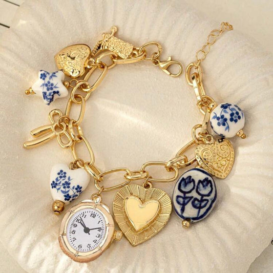 Vintage Blue Porcelain Charm Bracelet – 18K Gold Plated Chain with Heart, Bow & Watch Charms