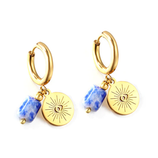 Gold Evil Eye Charm Huggie Earrings with Blue Stone – 18K Gold Plated Stainless Steel