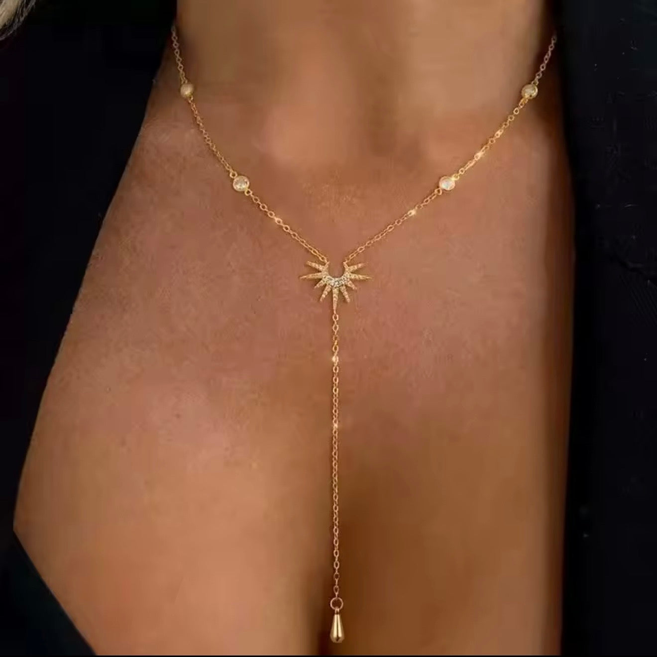 Celestial Sun Drop Necklace – Gold Plated CZ Y-Necklace