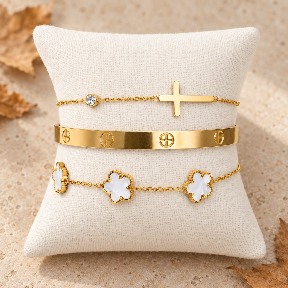 White Clover & Cross Bracelet   Set – 3 Pieces