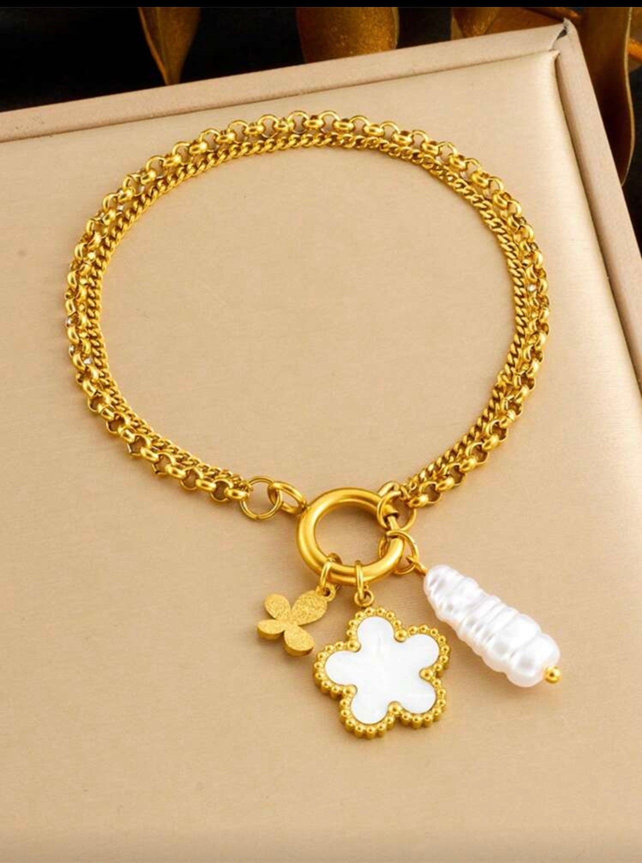 Gold Clover & Pearl Charm Bracelet – 18K Gold Plated Double Chain
