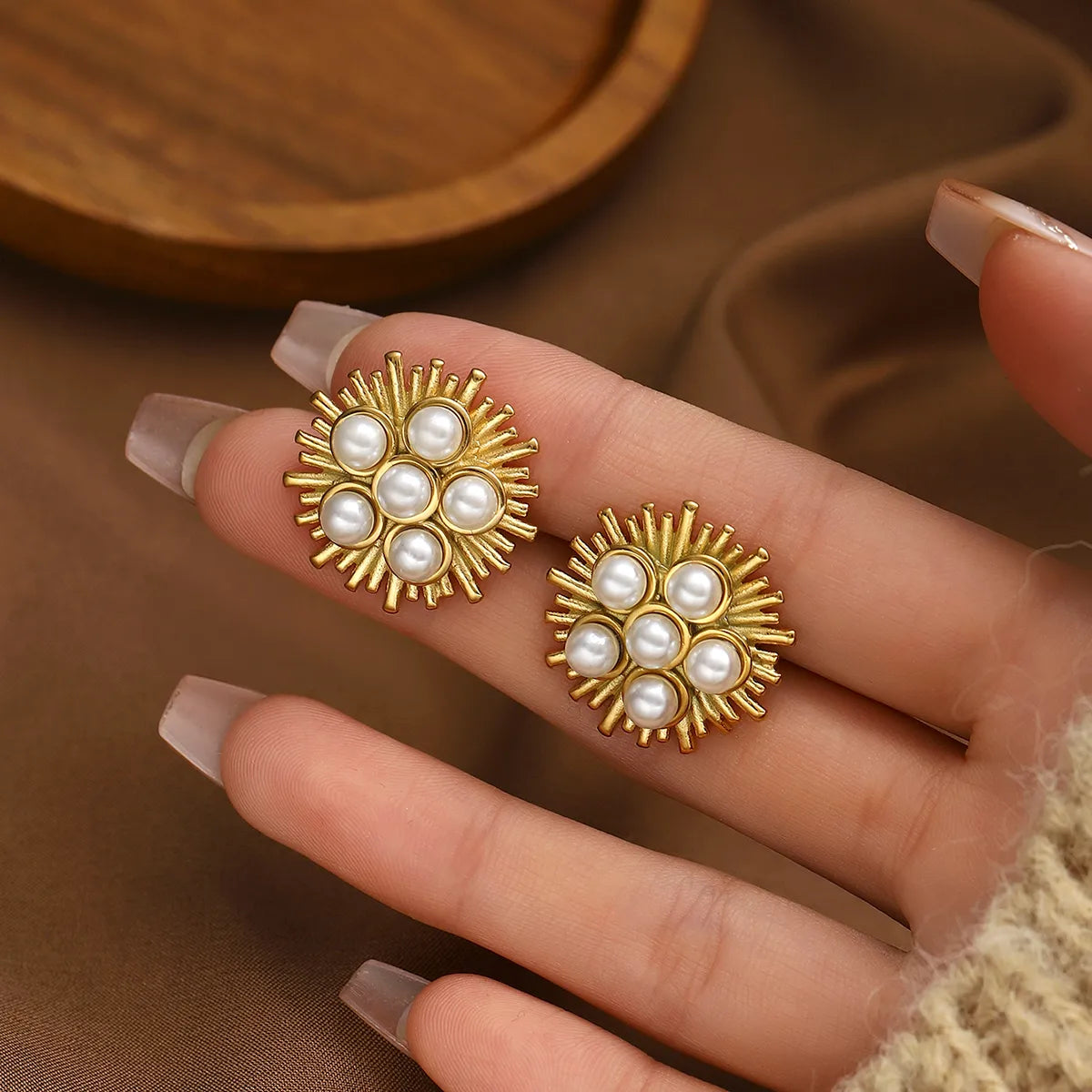 Elegant Gold Plated Pearl Stud Earrings | Hypoallergenic Stainless Steel