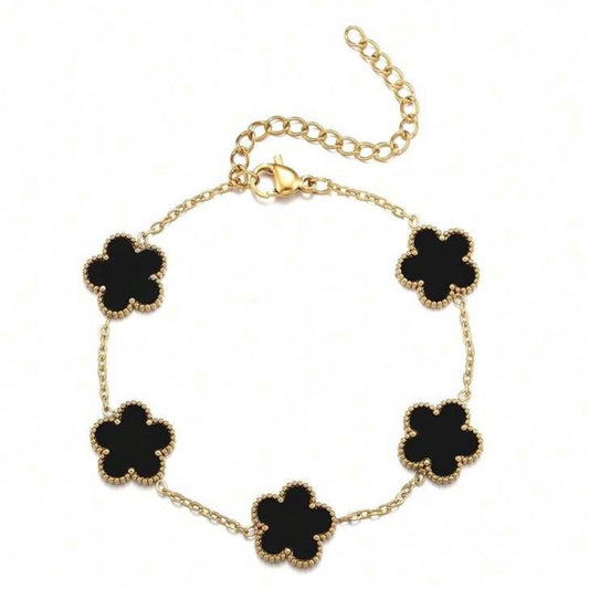 Black Clover Flower Bracelet – 18K Gold Plated Stainless Steel (Adjustable)