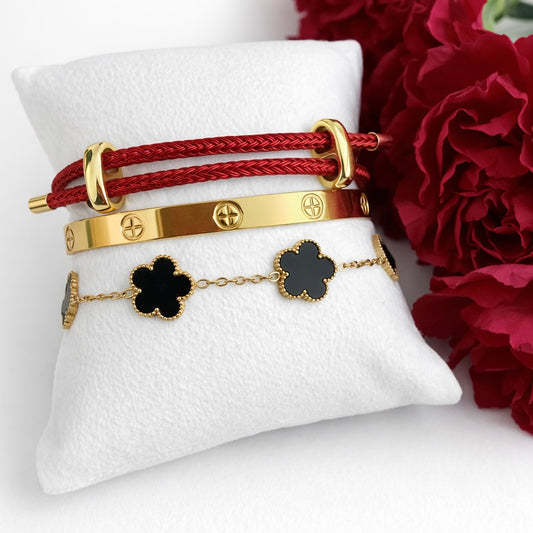 Luxury Gold & Red Bracelet Stack – Clover Chain, Screw Bangle & Cord Bracelet (3-Piece Set)