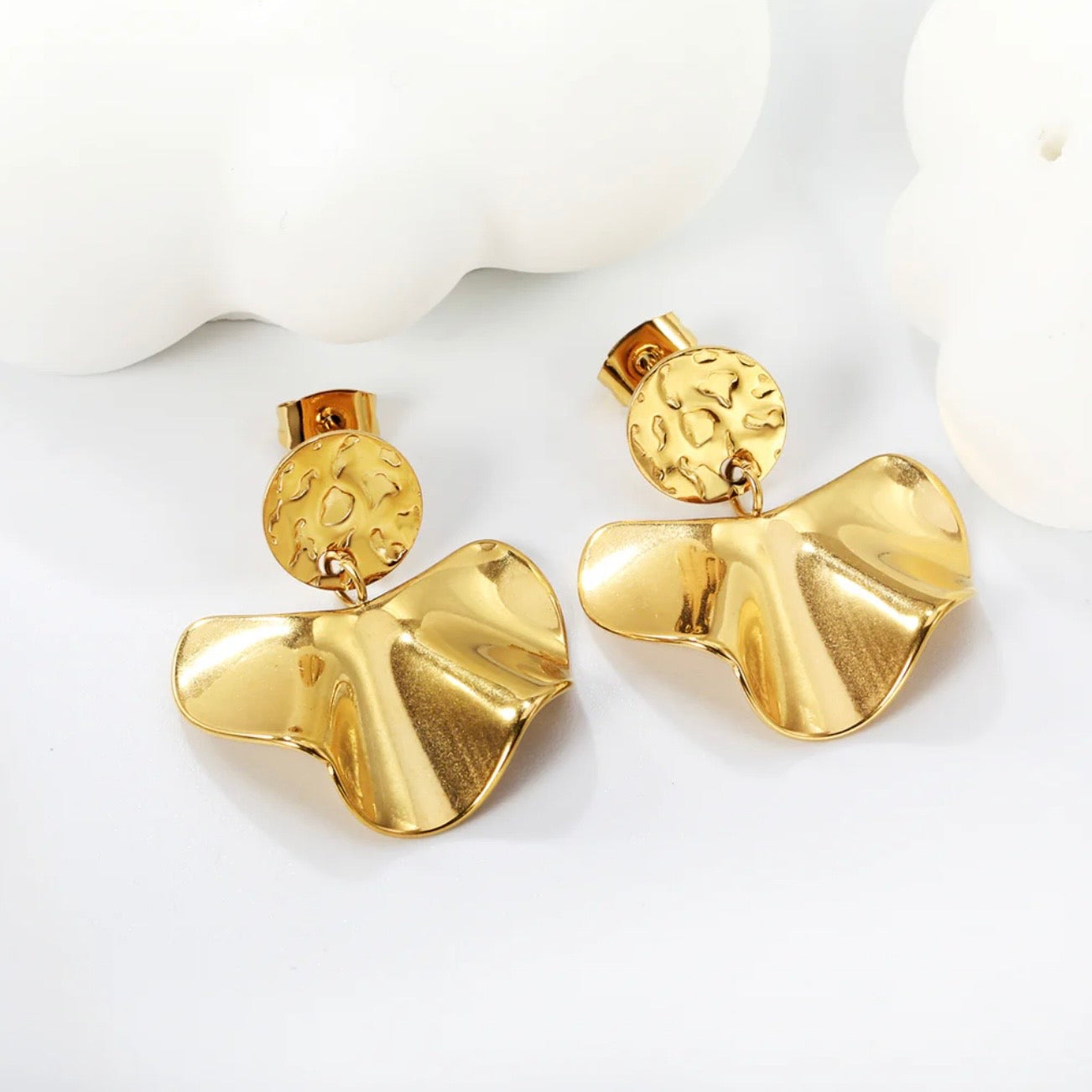 Sculpted Gold Fan Drop Earrings – 18K Gold Plated, Modern Textured Statement Studs