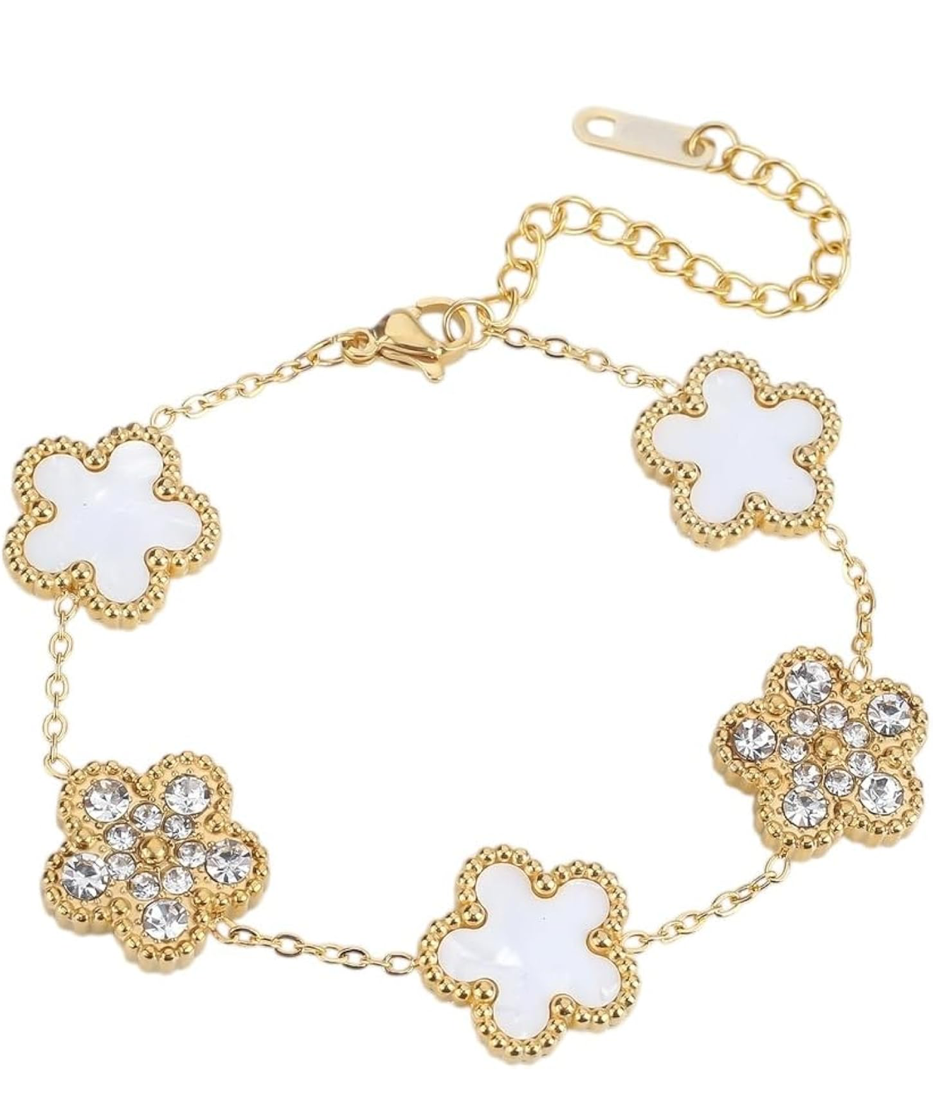 White Clover & Crystal Gold Bracelet – Elegant Charm Bracelet
