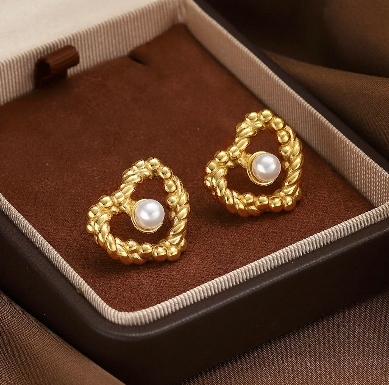 Gold Heart Stud Earrings with Artificial Pearls | Stainless Steel For Women