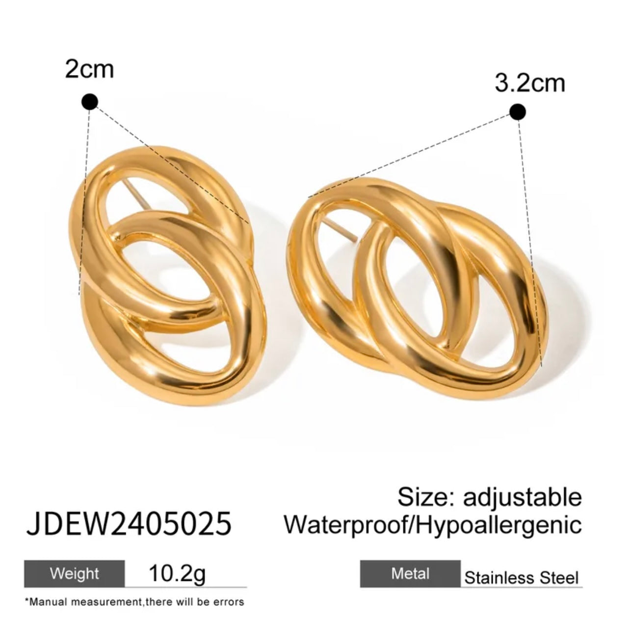 18K Gold Plated Interlocking Hoop Earrings Chunky Stainless Steel Waterproof