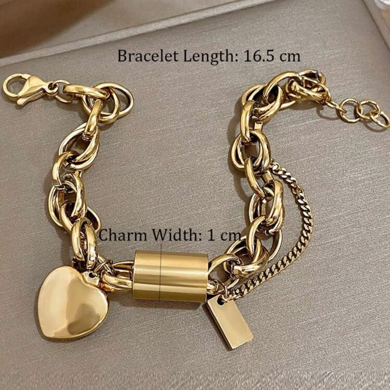 18K Gold Plated Heart Charm Chain Bracelet – Stainless Steel Lock Bracelet for Women