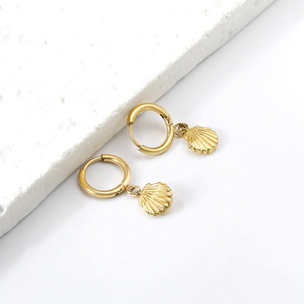 Gold Plated Shell Drop Hoop Earrings – Stainless Steel Dangle Jewelry