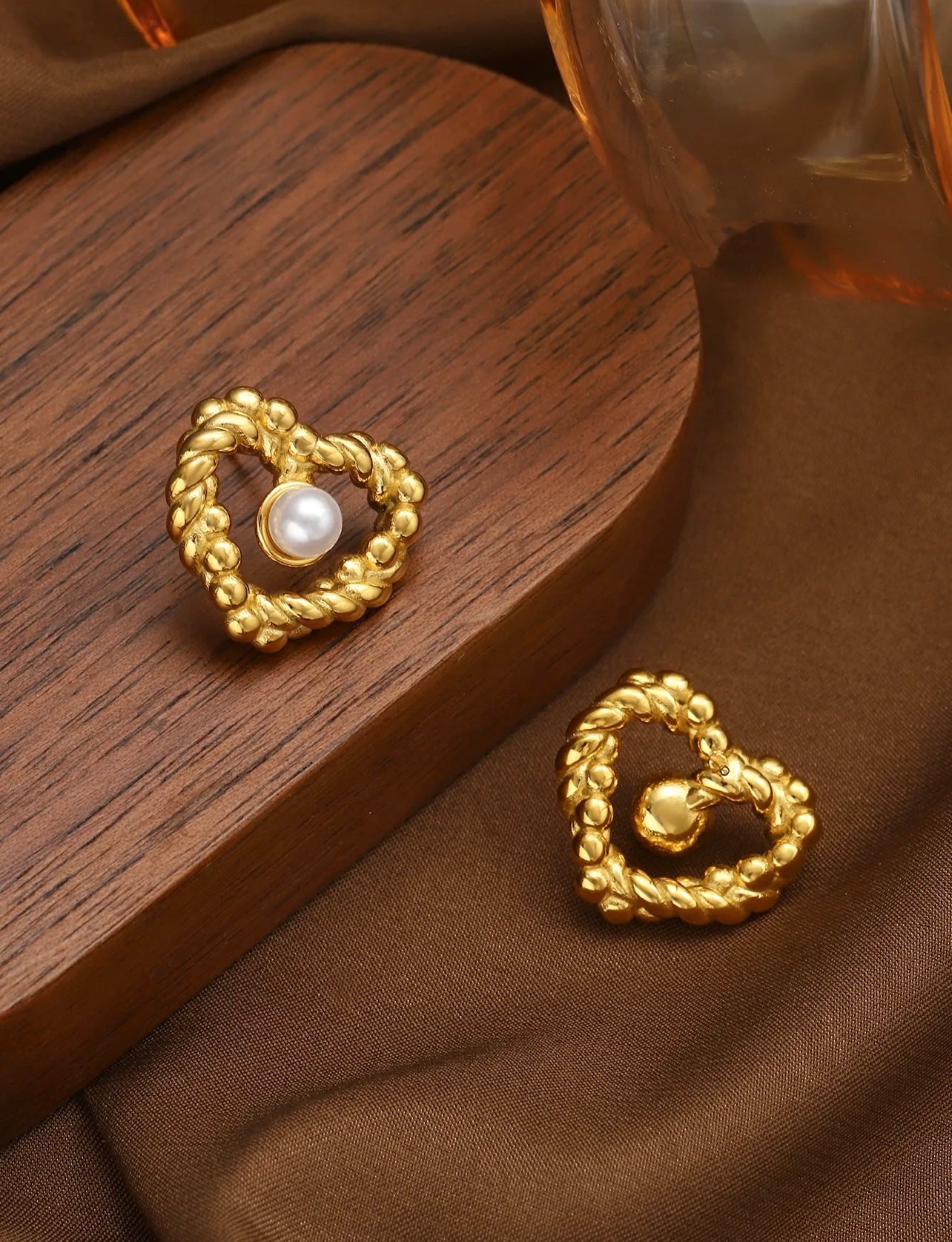 Gold Heart Stud Earrings with Artificial Pearls | Stainless Steel For Women