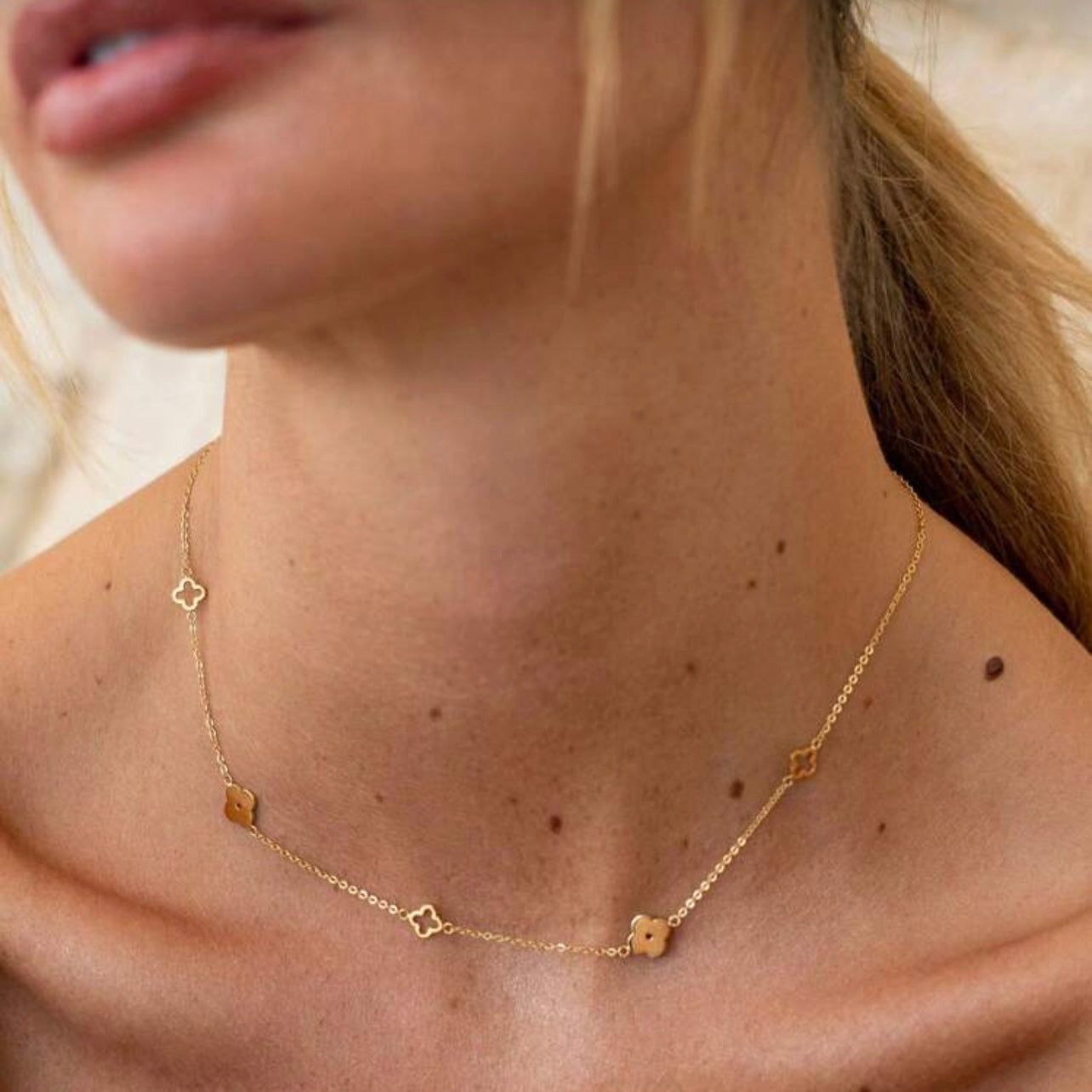 18K Gold Plated Clover Charm Necklace – Minimalist Dainty Waterproof Jewelry for Women