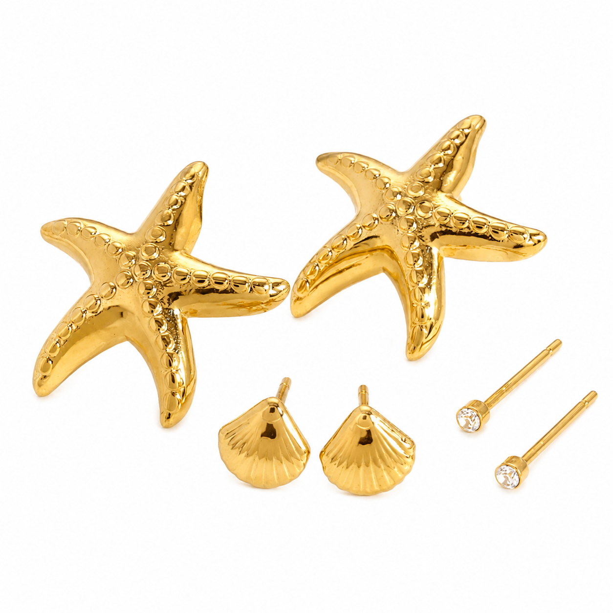 Gold Starfish Stud Earring Set – 3 Pairs