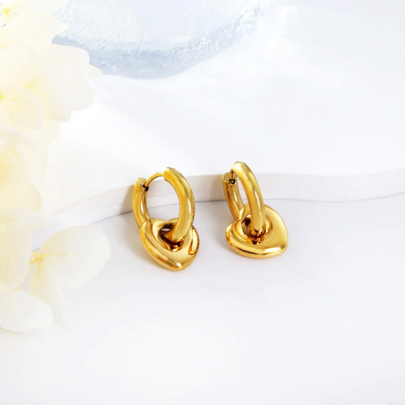 18K Gold Plated Heart Drop Hoop Earrings | Stainless Steel Minimalist Hoops